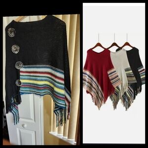 Women's One Size Black Knit Shawl Wrap Fringe with Faux Fur Buttons Detail OS